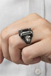 Dikdörtgen Kartal Motifli Siyah Taşlı 925 Gümüş Erkek Yüzük thumbnail 2