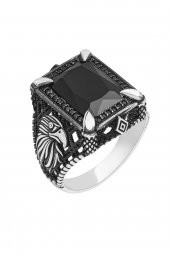 Dikdörtgen Kartal Motifli Siyah Taşlı 925 Gümüş Erkek Yüzük thumbnail 4
