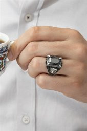 Dikdörtgen Kartal Motifli Siyah Taşlı 925 Gümüş Erkek Yüzük thumbnail 5