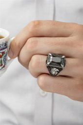 Dikdörtgen Kartal Motifli Siyah Taşlı 925 Gümüş Erkek Yüzük thumbnail 6