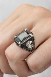 Dikdörtgen Kartal Motifli Siyah Taşlı 925 Gümüş Erkek Yüzük thumbnail 7