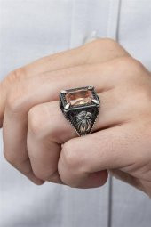 Dikdörtgen Kartal Motifli Sitrin Taşlı 925 Gümüş Erkek Yüzük thumbnail 3