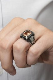 Dikdörtgen Kartal Motifli Sitrin Taşlı 925 Gümüş Erkek Yüzük thumbnail 4
