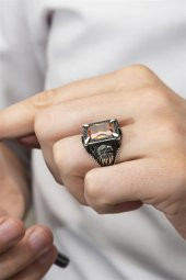 Dikdörtgen Kartal Motifli Sitrin Taşlı 925 Gümüş Erkek Yüzük thumbnail 5