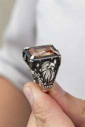 Dikdörtgen Kartal Motifli Sitrin Taşlı 925 Gümüş Erkek Yüzük thumbnail 6