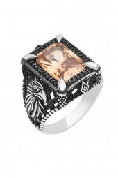 Dikdörtgen Kartal Motifli Sitrin Taşlı 925 Gümüş Erkek Yüzük thumbnail 7