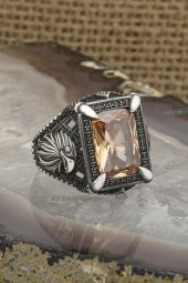 Dikdörtgen Kartal Motifli Sitrin Taşlı 925 Gümüş Erkek Yüzük thumbnail 8