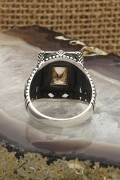 Dikdörtgen Kartal Motifli Sitrin Taşlı 925 Gümüş Erkek Yüzük thumbnail 9