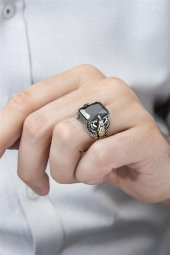 Kartal Motifli Siyah Taşlı 925 Gümüş Erkek Yüzük - 4