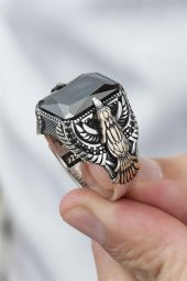Kartal Motifli Siyah Taşlı 925 Gümüş Erkek Yüzük - 6