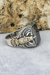 Kartal Motifli Siyah Taşlı 925 Gümüş Erkek Yüzük - 7