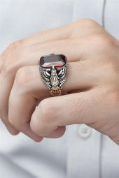 Kartal Motifli Kırmızı Taşlı 925 Gümüş Erkek Yüzük thumbnail 1