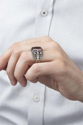 Kartal Motifli Kırmızı Taşlı 925 Gümüş Erkek Yüzük thumbnail 3