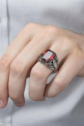 Kartal Motifli Kırmızı Taşlı 925 Gümüş Erkek Yüzük thumbnail 4