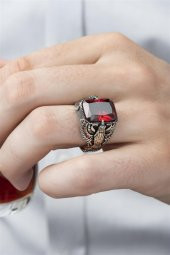 Kartal Motifli Kırmızı Taşlı 925 Gümüş Erkek Yüzük thumbnail 5