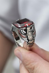 Kartal Motifli Kırmızı Taşlı 925 Gümüş Erkek Yüzük thumbnail 6