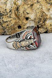 Kartal Motifli Kırmızı Taşlı 925 Gümüş Erkek Yüzük thumbnail 7