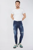 Erkek Skinny Fit Boya Detaylı Jean Koyu Mavi - 1