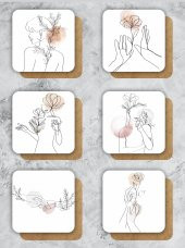 karbonsoft Bohom Kadın İllüstrasyon Temalı  Ahşap Bardak Altlığı Ahşap Baskılı Altlık 6lı set (9 x9CM) - 1