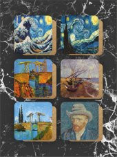 karbonsoft Van Gogh Temalı Ahşap Bardak Altlığı Ahşap Baskılı Altlık 6lı set (9 x9CM) - 3
