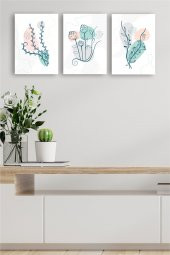 karbonsoft Dekoratif yeşil, sarı, gri çiçek dizayn mdf ahşap 3 parçalı tablo - 1