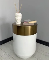 Dekoratif Eskitme Darbuka Parlak Beyaz Sehpa 60cm - 1