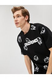 Oversize Tişört Kuru Kafa Baskılı Bisiklet Yaka Kısa Kollu thumbnail 2