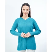 Kadın Mavi Triko V Yaka Kışlık Anne Esnek Kazak - 1