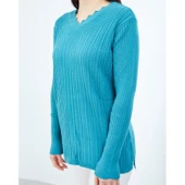 Kadın Mavi Triko V Yaka Kışlık Anne Esnek Kazak - 3