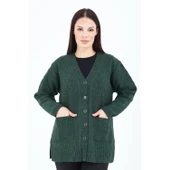 Kadın Haki Yeşil V Yaka Düğmeli Cepli Örgü Yün Anne Triko Kısa Hırka - 1