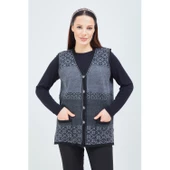 Kadın Siyah Gri Desenli Triko Düğmeli Cepli Kışlık Anne Yeleği - 1