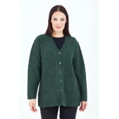 Kadın Haki Yeşil V Yaka Düğmeli Cepli Örgü Yün Anne Triko Kısa Hırka - 5