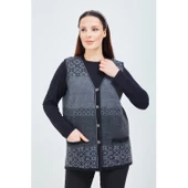 Kadın Siyah Gri Desenli Triko Düğmeli Cepli Kışlık Anne Yeleği - 3