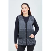 Kadın Siyah Gri Desenli Triko Düğmeli Cepli Kışlık Anne Yeleği - 2