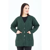 Kadın Haki Yeşil V Yaka Düğmeli Cepli Örgü Yün Anne Triko Kısa Hırka - 3