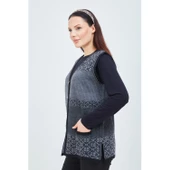 Kadın Siyah Gri Desenli Triko Düğmeli Cepli Kışlık Anne Yeleği - 5