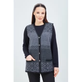 Kadın Siyah Gri Desenli Triko Düğmeli Cepli Kışlık Anne Yeleği - 4