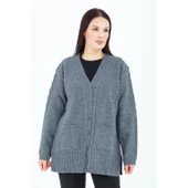 Kadın Gri V Yaka Düğmeli Cepli Örgü Yün Anne Triko Kısa Hırka - 5