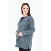 Kadın Gri V Yaka Düğmeli Cepli Örgü Yün Anne Triko Kısa Hırka - 3