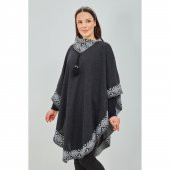 Kadın Siyah Beyaz Devrik Yakalı Desenli Geniş Kalıp Panço - 2