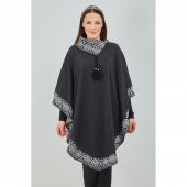 Kadın Siyah Beyaz Devrik Yakalı Desenli Geniş Kalıp Panço - 3