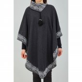 Kadın Siyah Beyaz Devrik Yakalı Desenli Geniş Kalıp Panço - 4