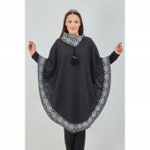 Kadın Siyah Beyaz Devrik Yakalı Desenli Geniş Kalıp Panço - 6