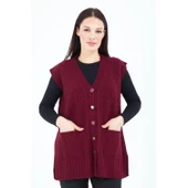 Kadın  Bordo V Yaka Düğmeli Cepli Yün Anne Triko Yelek thumbnail 1