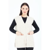 Kadın Krem V Yaka Düğmeli Cepli Örgü Yün Anne Triko Yelek - 1