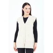 Kadın Krem V Yaka Düğmeli Cepli Örgü Yün Anne Triko Yelek - 2