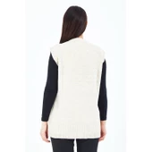 Kadın Krem V Yaka Düğmeli Cepli Örgü Yün Anne Triko Yelek - 7