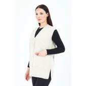 Kadın Krem V Yaka Düğmeli Cepli Örgü Yün Anne Triko Yelek - 6