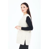 Kadın Krem V Yaka Düğmeli Cepli Örgü Yün Anne Triko Yelek - 4