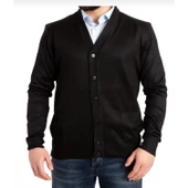 Erkek Siyah İnce Yün Triko Örgü Baba Cepli Hırka - 1